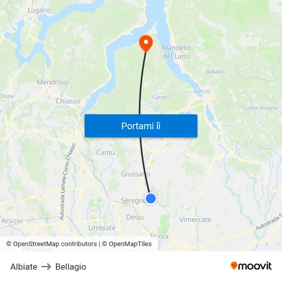 Albiate to Bellagio map