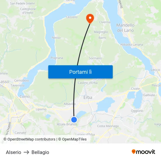 Alserio to Bellagio map