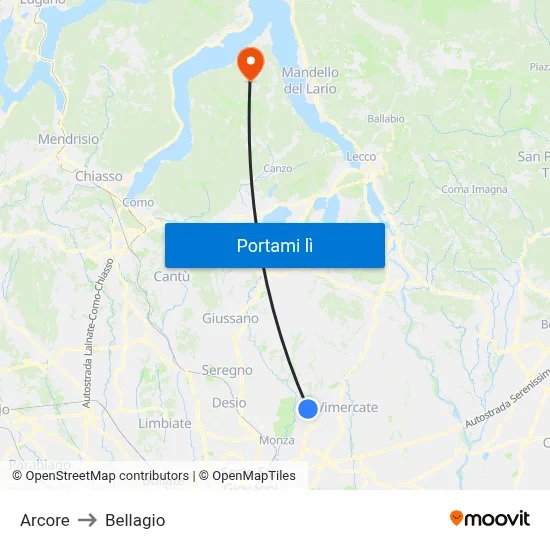 Arcore to Bellagio map