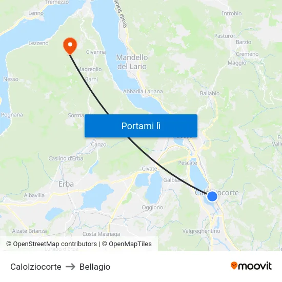 Calolziocorte to Bellagio map