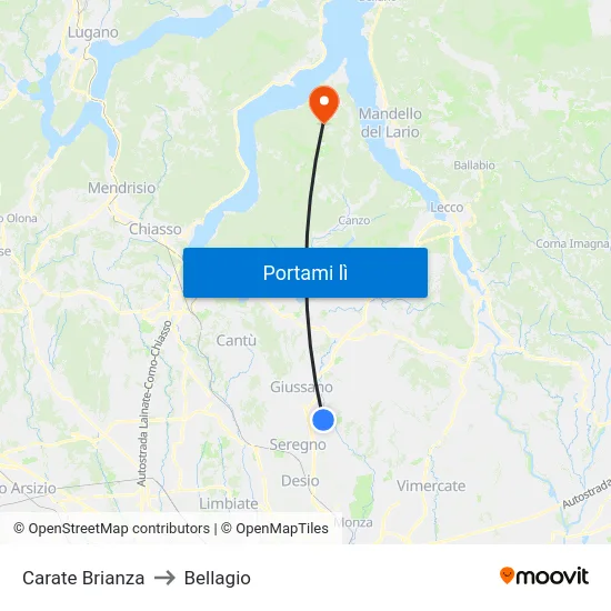 Carate Brianza to Bellagio map