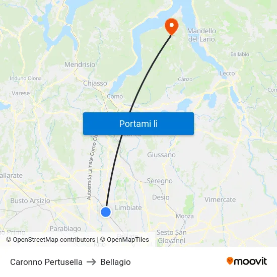 Caronno Pertusella to Bellagio map