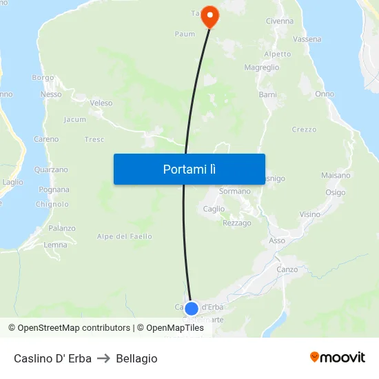 Caslino D' Erba to Bellagio map