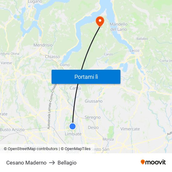 Cesano Maderno to Bellagio map