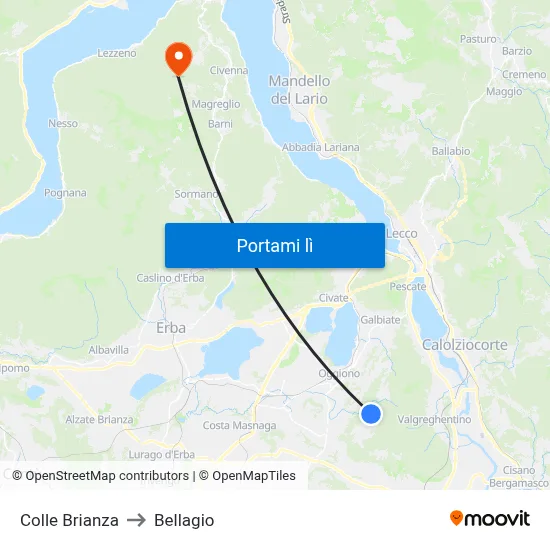 Colle Brianza to Bellagio map