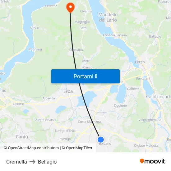 Cremella to Bellagio map