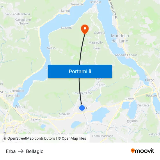 Erba to Bellagio map