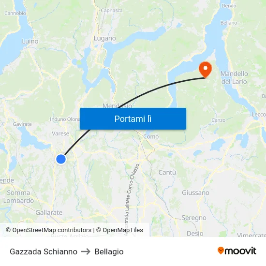 Gazzada Schianno to Bellagio map