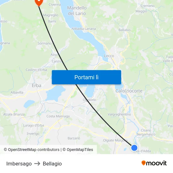 Imbersago to Bellagio map