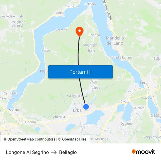 Longone Al Segrino to Bellagio map