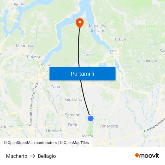 Macherio to Bellagio map