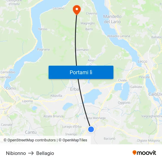 Nibionno to Bellagio map