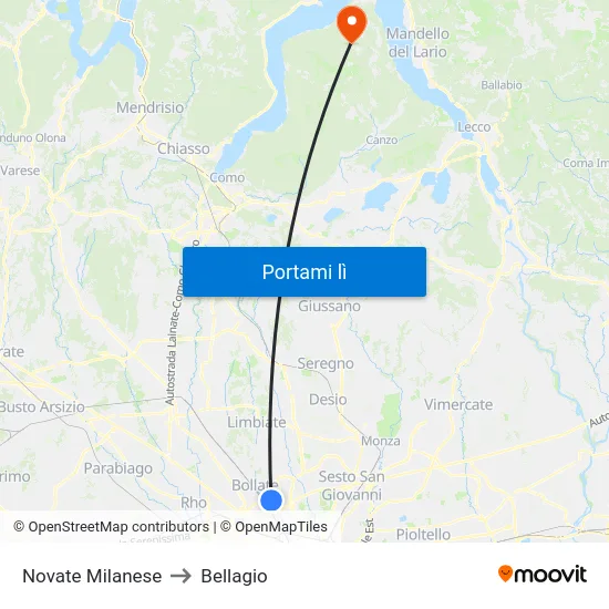Novate Milanese to Bellagio map