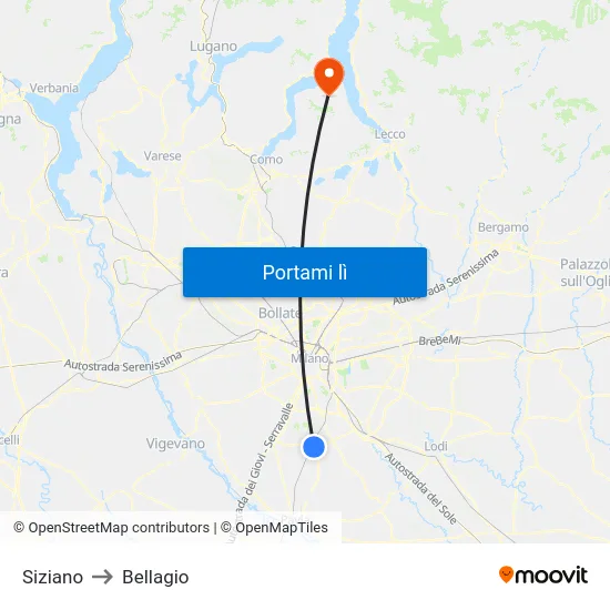 Siziano to Bellagio map