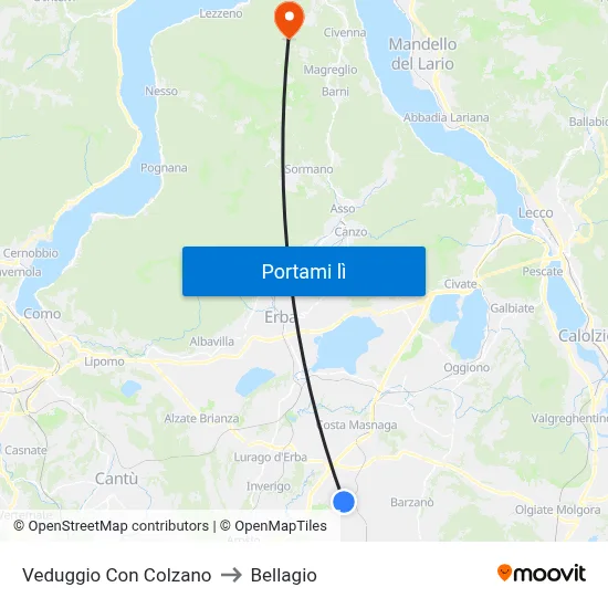 Veduggio Con Colzano to Bellagio map