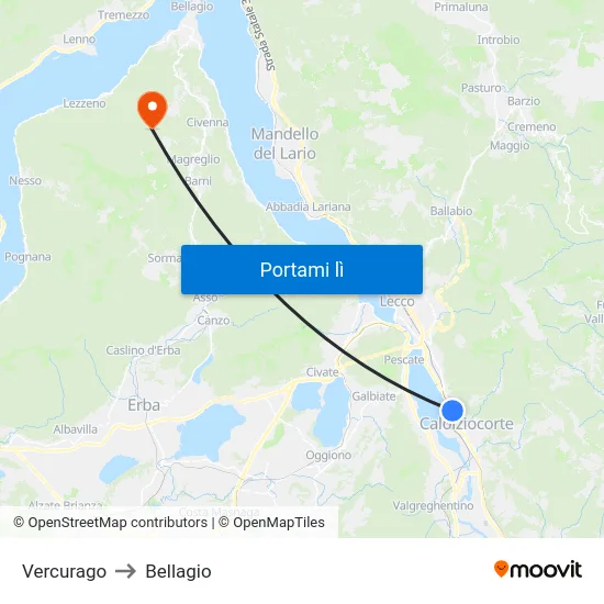 Vercurago to Bellagio map