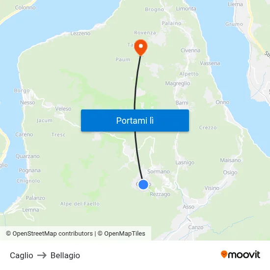 Caglio to Bellagio map
