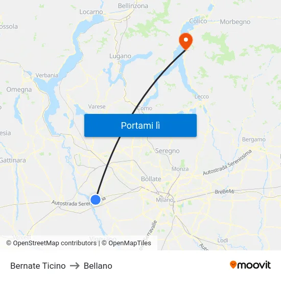 Bernate Ticino to Bellano map