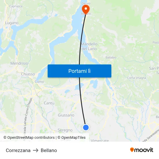 Correzzana to Bellano map