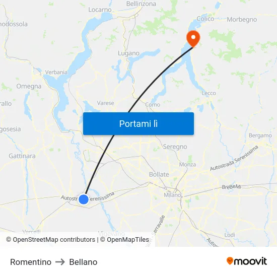 Romentino to Bellano map