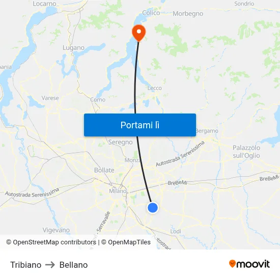 Tribiano to Bellano map