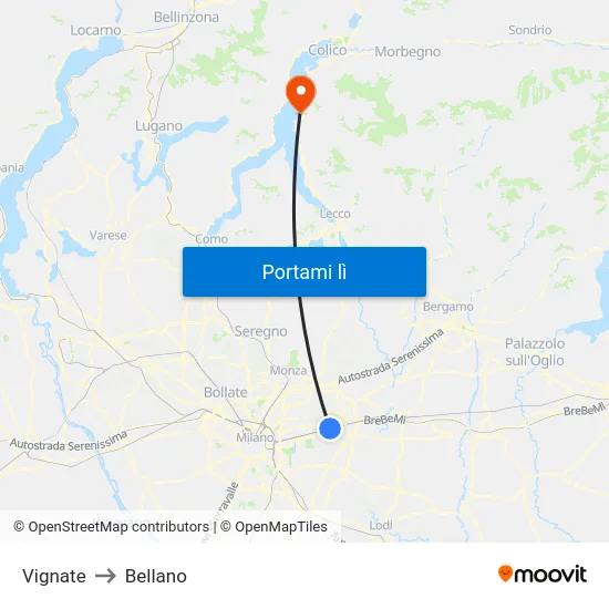 Vignate to Bellano map