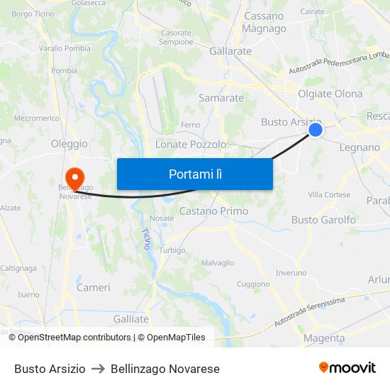 Busto Arsizio to Bellinzago Novarese map