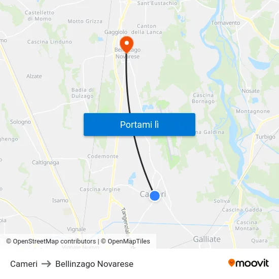 Cameri to Bellinzago Novarese map