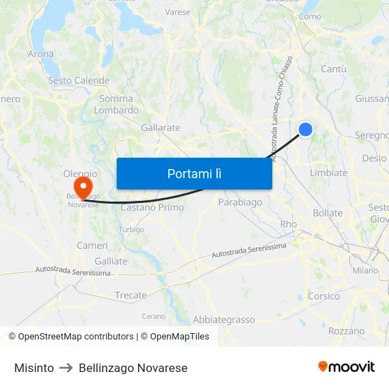 Misinto to Bellinzago Novarese map