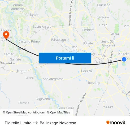 Pioltello-Limito to Bellinzago Novarese map
