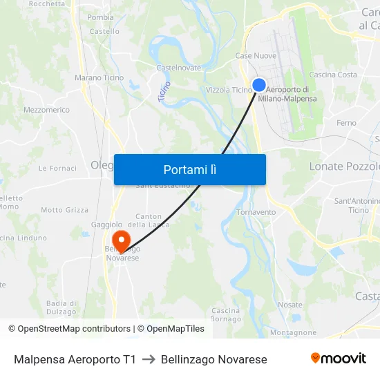 Malpensa Aeroporto T1 to Bellinzago Novarese map