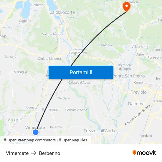 Vimercate to Berbenno map