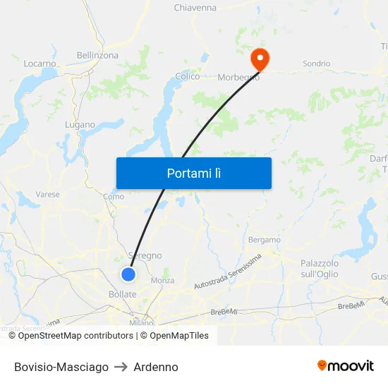 Bovisio-Masciago to Ardenno map