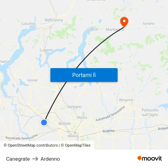 Canegrate to Ardenno map