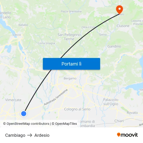 Cambiago to Ardesio map