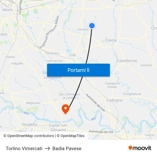 Torlino Vimercati to Badia Pavese map