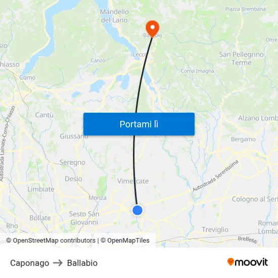 Caponago to Ballabio map