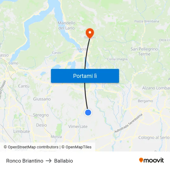 Ronco Briantino to Ballabio map