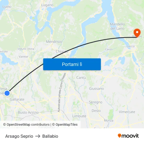Arsago Seprio to Ballabio map