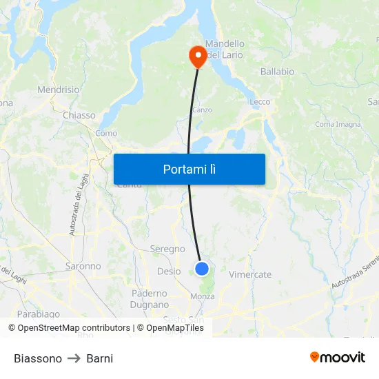 Biassono to Barni map