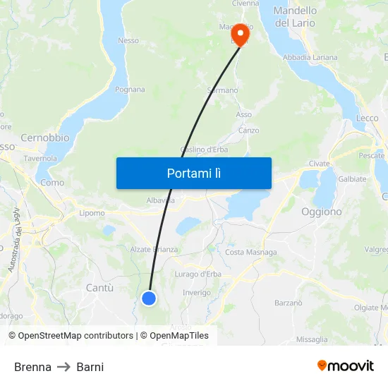 Brenna to Barni map
