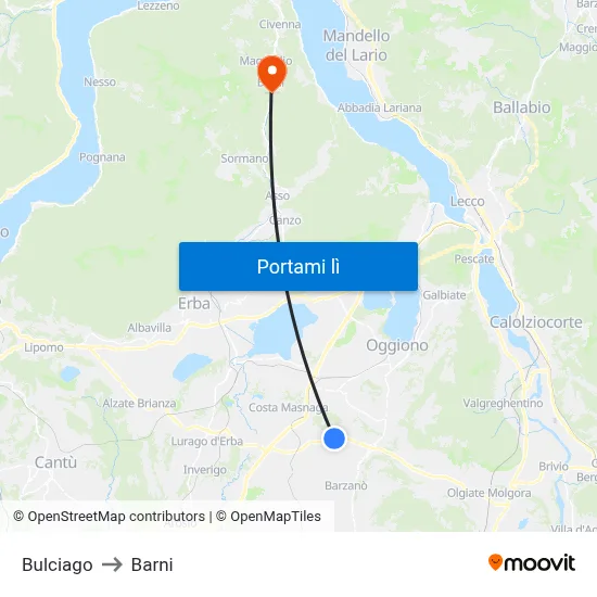 Bulciago to Barni map