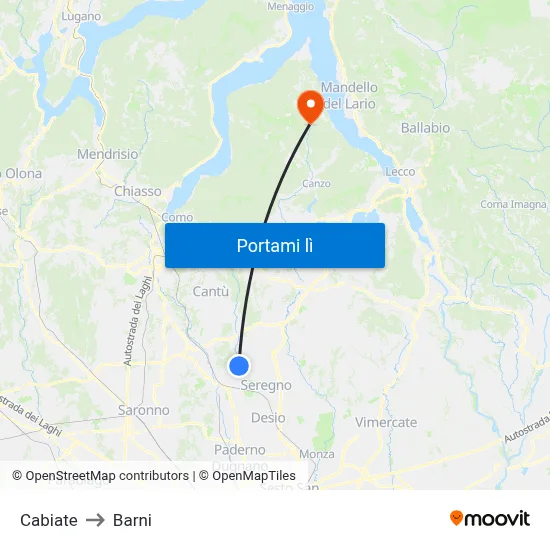 Cabiate to Barni map
