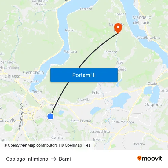 Capiago Intimiano to Barni map