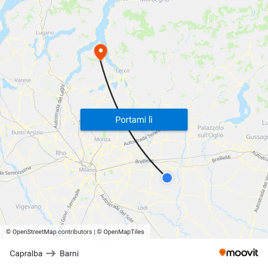 Capralba to Barni map