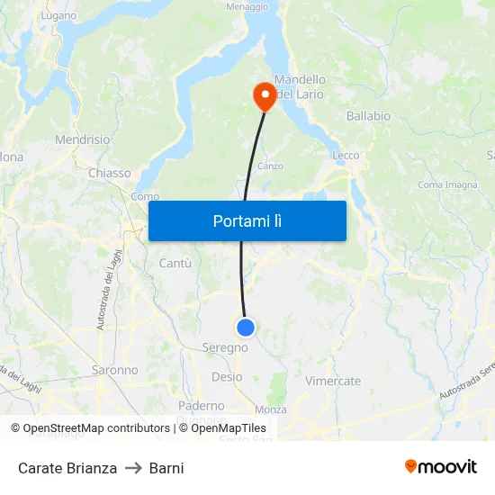 Carate Brianza to Barni map