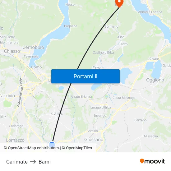 Carimate to Barni map