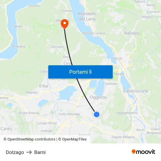 Dolzago to Barni map