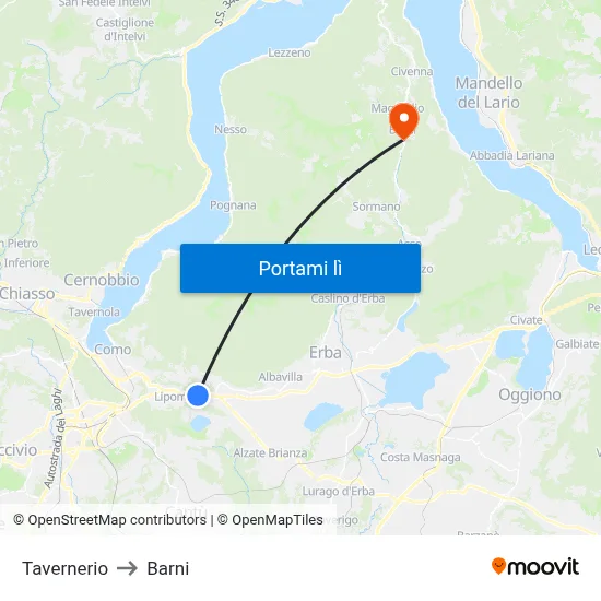 Tavernerio to Barni map