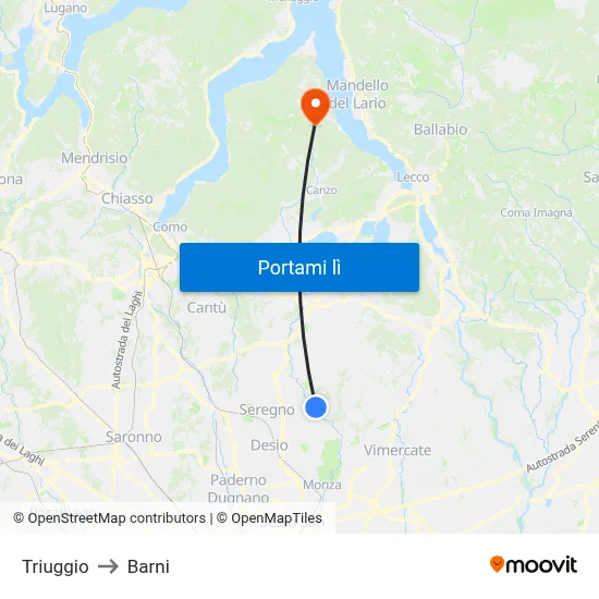 Triuggio to Barni map